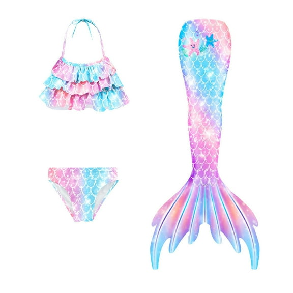 Girls Swimsuits Size 14-16 Colorful Ruffles Flounce Printed Bikini Set Bikini Fish Tail Set Bathing Suit Bikini Set with Fishtail 110(4-5 Years) A2-Pink