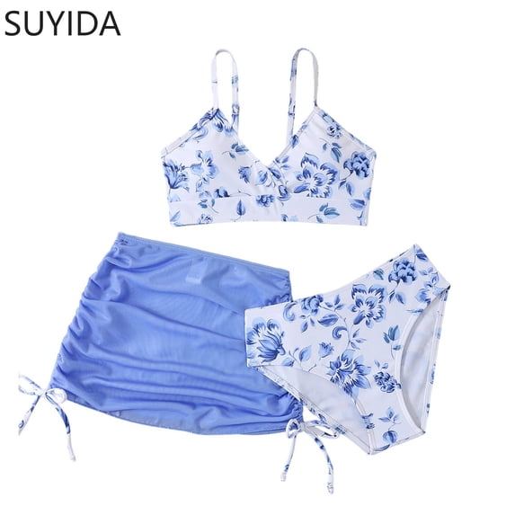 Girls Swimsuits Size 14-16 Cut Out Bikini Sets Drawstring Bottoms Girls Swimwear Tankini 3 Pieces Ruched Color Block Teen Bathing Suit