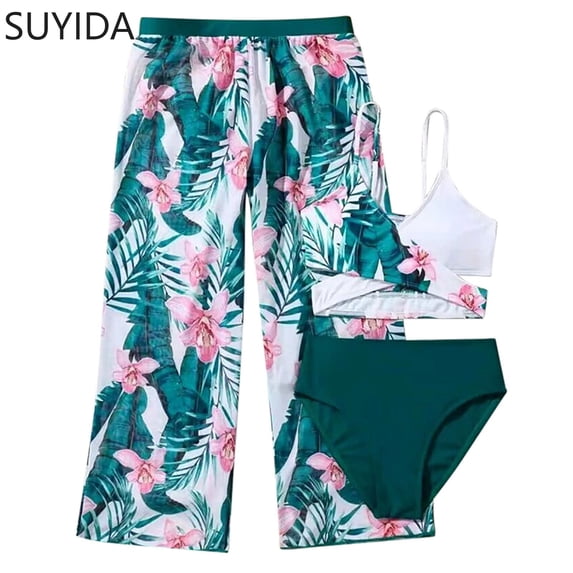 Girls Swimsuits Size 14-16 Cute Ruffle Bikini Adjustable Straps Tankini Sets 3-Piece Tropical Printed Girls Bathing Suits Size 14-16