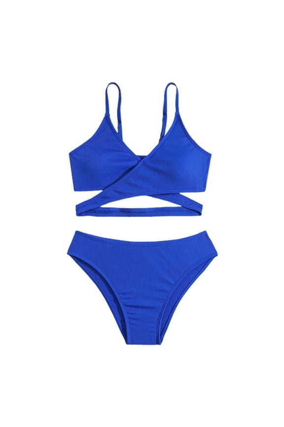 Girls Swimsuits Size 14-16 V-Neck Solid Color Bikini Adjustable Shoulder Straps Swimsuit Two-Piece Kids Bikini SwimwearBlue,13-14 Years