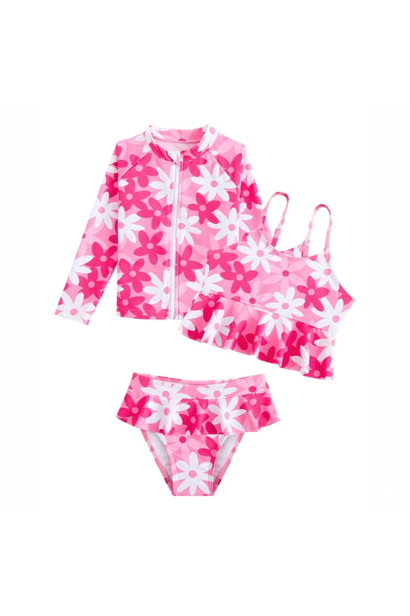 3PCS Toddler Girl Bathing Suit 4T Ruffled Swimsuit Girls with Long Sleeve Rash Guard