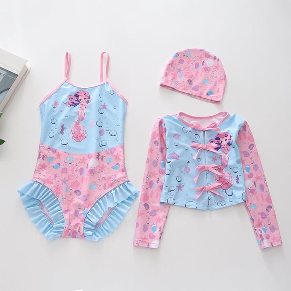 Girls Swimsuits Size 2-4Y Print Thin Strap One Piece Swimsuit with Swimsuit Jacket Swim Cap 3 Piece Toddler Bathing Suit Girl