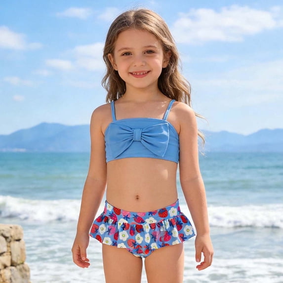 Girls Swimsuits Size 5-6Y Summer Bikini with Bow Tie Strap Tankini Ruffle Skirt Beach Pool Kids 2 Piece Swimwear