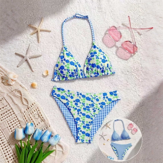 Girls Swimsuits Size 9-10 Girls Halterneck Tankini Drawstring Swimsuit Padded Bathing Suit 2 Piece Set for Teens 9-16Y