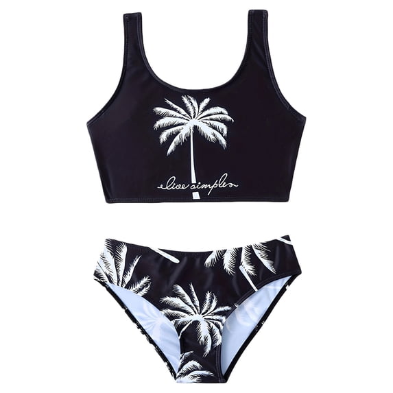 Girls Swimsuits Summer Coconut Tree Print Two Piece Tankini Boyshort Bathing Suit for Beach Rash Guard Black 9 Years-10 Years