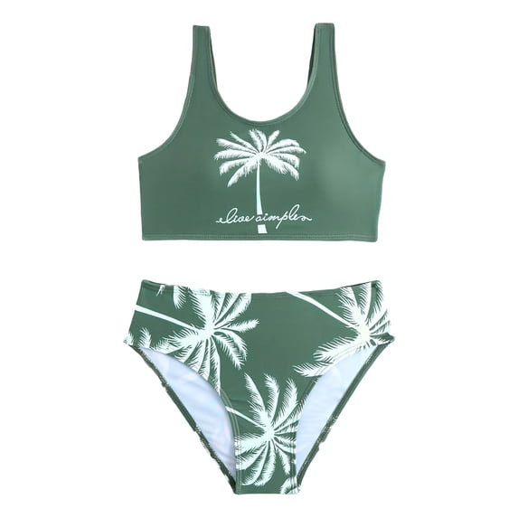 Girls Swimsuits Summer Coconut Tree Print Two Piece Tankini Boyshort Bathing Suit for Beach Rash Guard Green 9 Years-10 Years