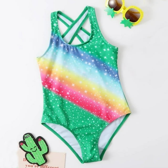 Girls Swimsuits Summer Cute Crisscross Rainbow Printing Floral Print Conjoined Swimsuit 9506