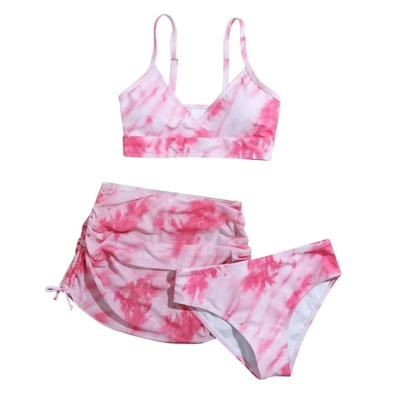 Girls Swimsuits Summer Cute Crisscross Tie Dyeing Printing Floral Print Three Piece Swimsuit Pink 10-11 Years