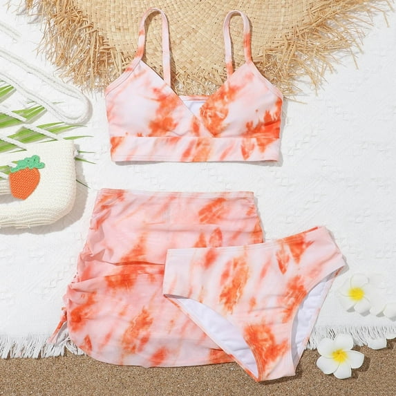 Girls Swimsuits ' Summer Cute Crisscross To Dyeing Printing Floral Print Three Piece Swimsuit