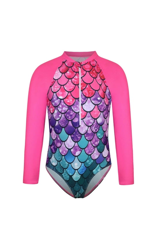 Girls Swimsuits Summer Gradient Fish Scale Zipper Upf Sun Surfing Swimming Suit