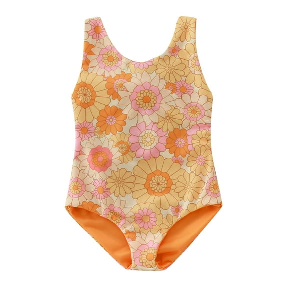 Girls Swimsuits Summer Kids Lacing Floral Prints 1 Piece Beach Bikini Swimwear Orange