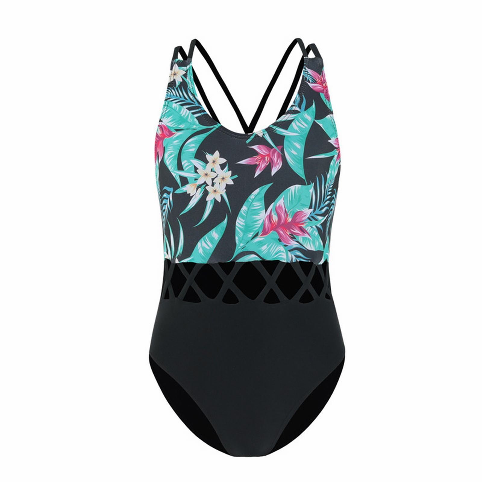 Girls Swimsuits Swimming Suit Green Leaf Pattern Round Neck Hollow ...
