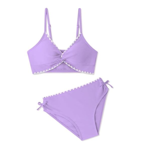 Girls Swimsuits Twist V Neck Drawstring Cute Girls Swim Two Piece Sets with Chest Pad/Purple/10Y