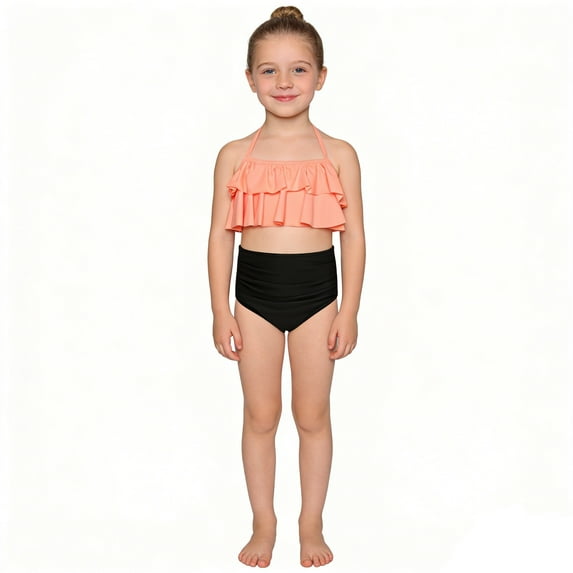 Girls Swimsuits Two Piece Ruffle Adjustable Strap Solid Bathing Suits Summer Beach Vacation Casual Tankini Swimwear