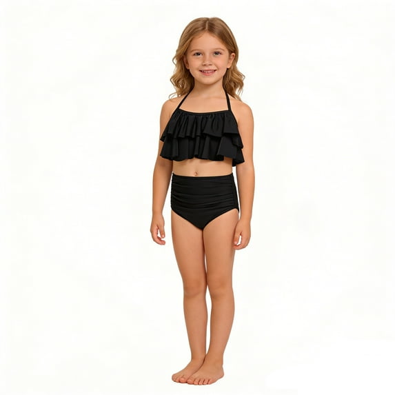 Girls Swimsuits Two Piece Ruffle Adjustable Strap Solid Bathing Suits Summer Beach Vacation Casual Tankini Swimwear