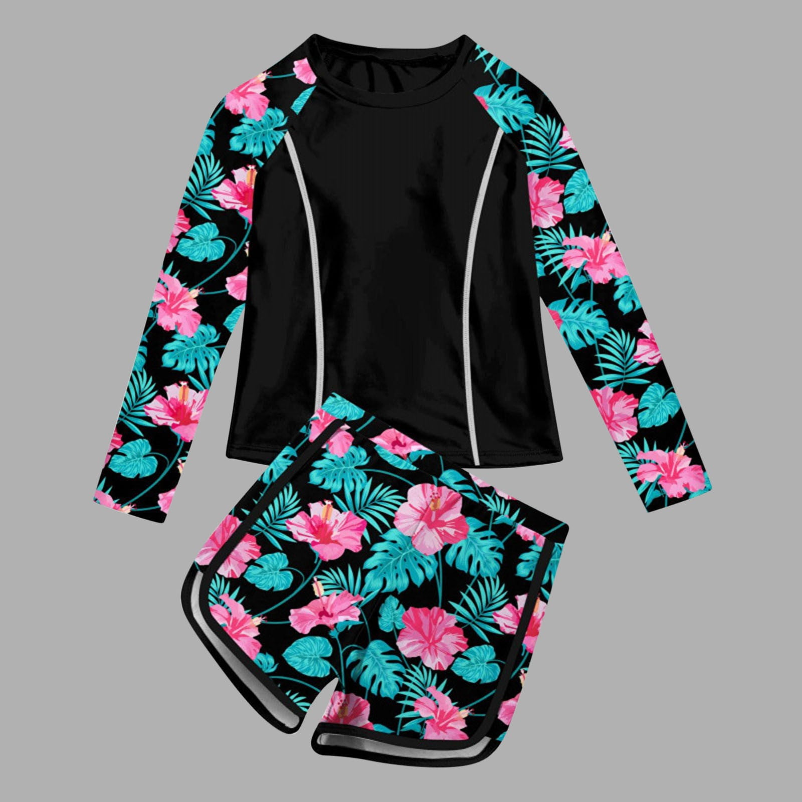Girls Swimsuits Two Piece with Shorts Rash Guard Set Printed Crew Neck ...
