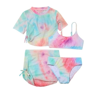 Girls Swimsuits Two Piece Size 160 For 10 Years-12 Years 4 Piece Tie Dye Prints Bikini Briefs Bikini Beach Swimwear Set Bathing Suits For Girls Padded
