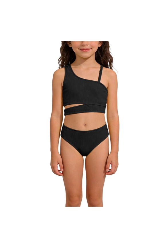 Girls Swimsuits Two Piece Solid Color Tankini Bikini Spaghetti Strap Summer Beach Swimwear for Kids Black 11 Years-12 Years