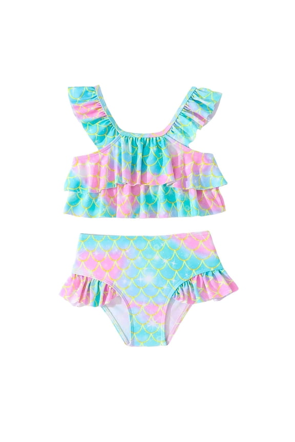 Girls Swimsuits Two Piece with Double Ruffled Laers Gradient Fish Scale Design Girls' Swimwear