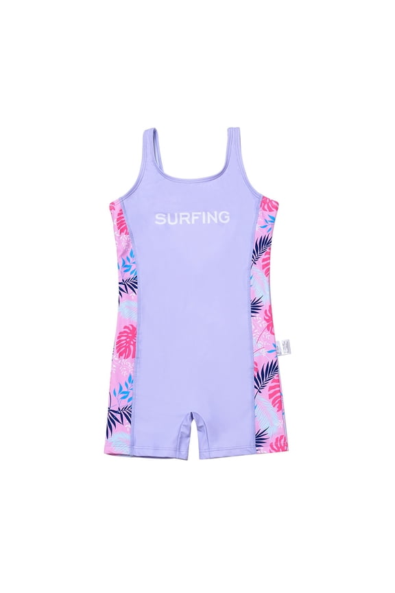 Girls Swimsuits With Floral Print Surf Style Bathing Beach Pool Water Activities Swimwear Dark Purple