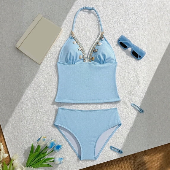 Girls Swimsuits Youth Two Piece Bikini Shell Halter with Metallic Trim Detail Bathing Suits for Girls Size 8-9Y