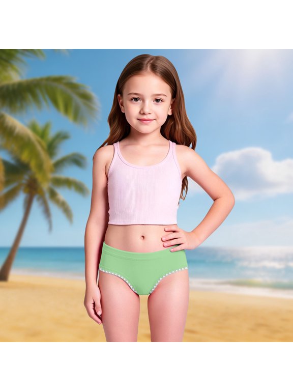 Girls Swimwear Cute Solid Triangle Swim Bottom with Irregular Side Design Light Green 3-4 Years