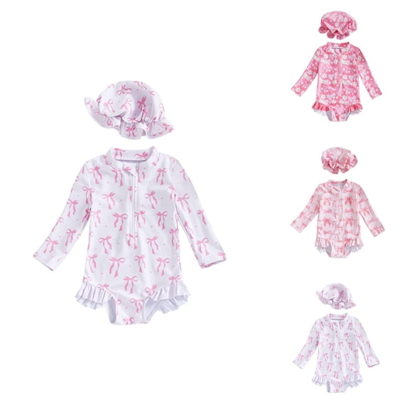 Girls Swimwear Girls Bathing Suits Girls Swimwear for Little Ladies Baby Girl Swimsuit with Long Sleeve Romper Hat Bathing Suit Rash Guard Beachwear for Kids