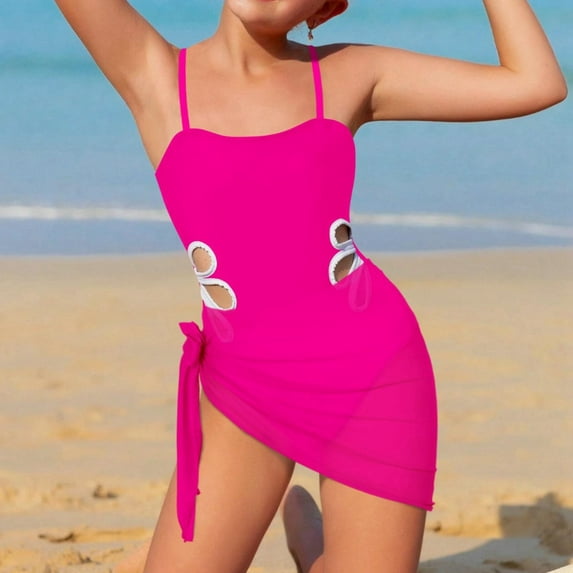 Girls Swimwear for Girls Swimsuit Adjustable Straps Bathing Suit Girls' Swimwear 1pc Round Neckline Solid Color Cut Swimsuit Andsarong Cute casual bathing suit Hot Pink 12Y(11-12 Years)
