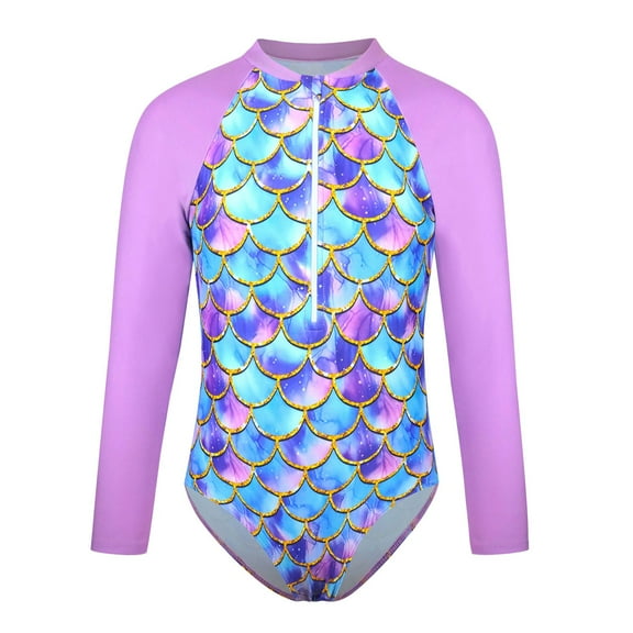 Girls Swimwear Long Sleeve Rash Guard Sun Swimsuit Surfing Swimming Beach Summer Spring Gradient Purple Fish Scale Design For Kids,Big Girls Size 9-10T,Purple