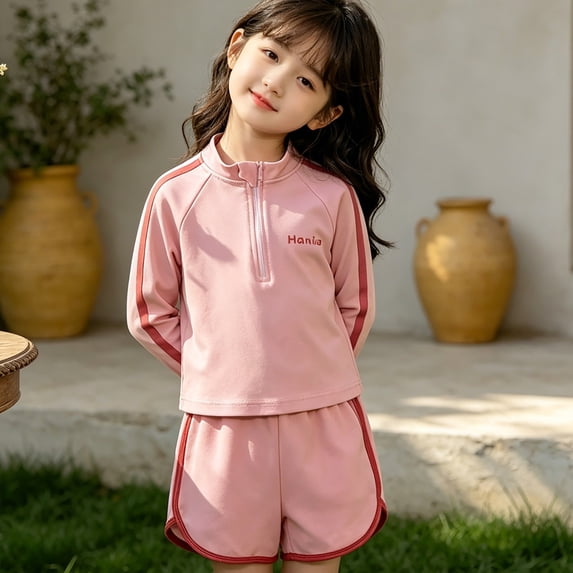 Girls Swimwear Long Sleeve Rash Guard UPF 50+ Sun Two Piece Bathing Sporty Shorts Swimsuit for Toddler Kids