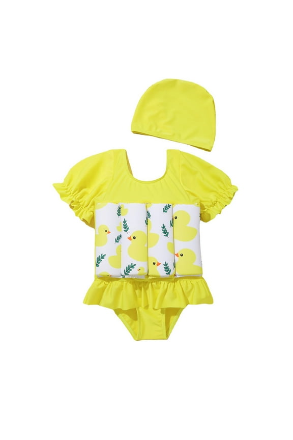 Girls Swimwear Outfit Casual Dress Style Pool Water Play Floater Summer Clothes Set,Yellow,90