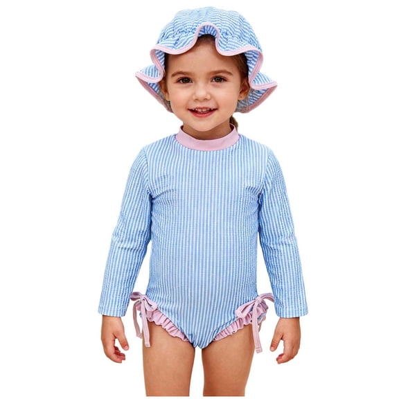 Girls Swimwear Set Cute Striped Rash Guard Swimsuit with Swim Cap Summer Vacation 2 Piece Bathing Suit for Girls Size 0-3