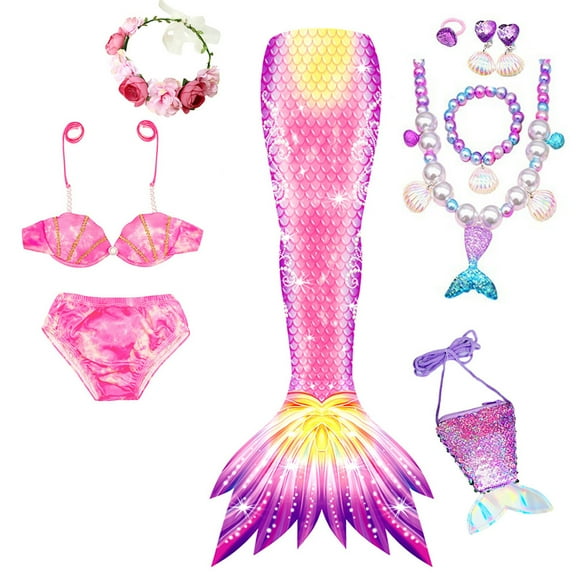 Girls Tail Swimsuit Cute Ruffle Tops Bikini Bottoms Fish Tail Suit Fish Tail Set Swimwear Cover Up Dresses Tankini with Skirt Girls Swimsuits Size 14-16 Birthday Clothes