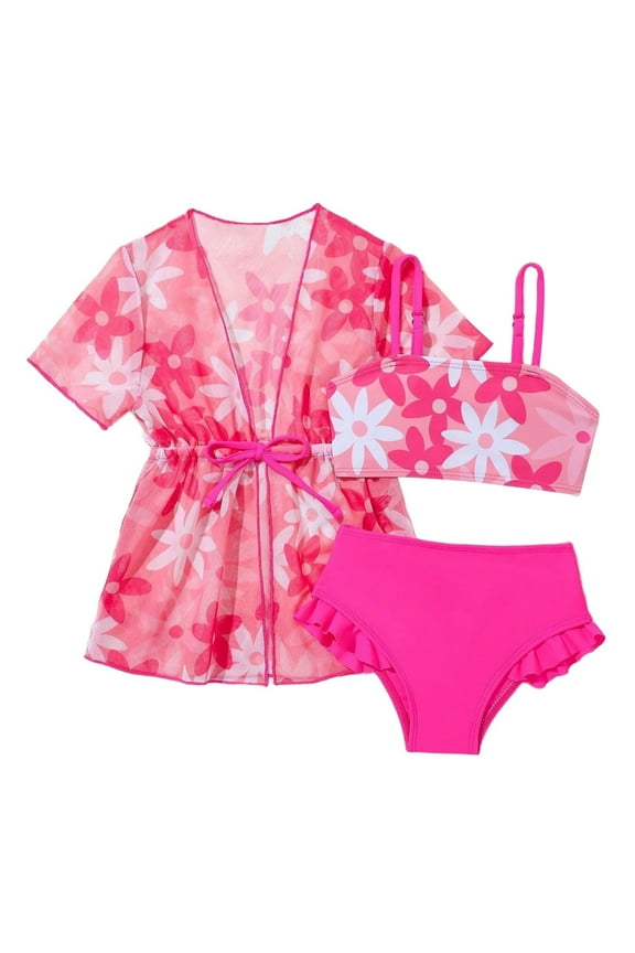 Girls Swimwear Three Piece Set Summer Floral Cover Up Cute Cartoon Print Toddler Bikini for Beach Pool Vacation Hot Pink 9 Months-12 Months