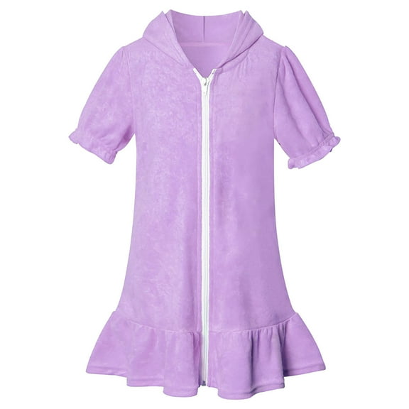 Girls' Swimwear Zip up Coverup Hooded Dress Terry Cover up Short Sleeve Kids Swimwear 4-5 Years