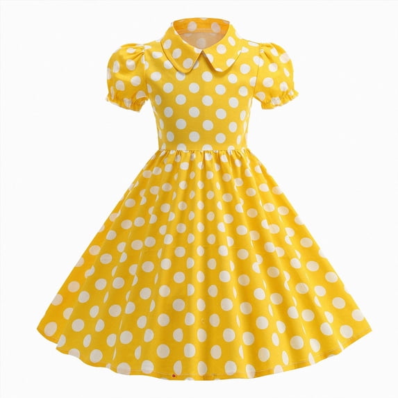 Girls Swing Dresses Kids Short Sleeve Lapel Doll Children Dot Pattern Zipper Back A-Line Cute