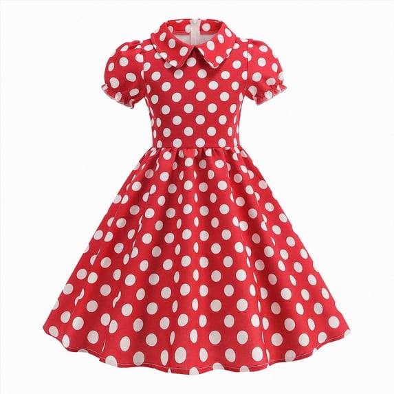 Girls Swing Dresses Kids Short Sleeve Lapel Doll Children Dot Pattern Zipper Back A-Line Cute