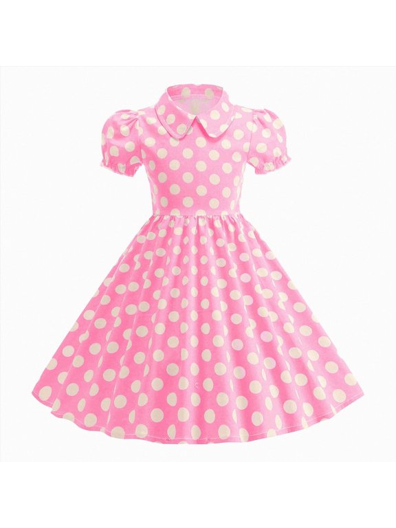 Girls Swing Dresses Kids Short Sleeve Lapel Doll Children Dot Pattern Zipper Back A-Line Cute