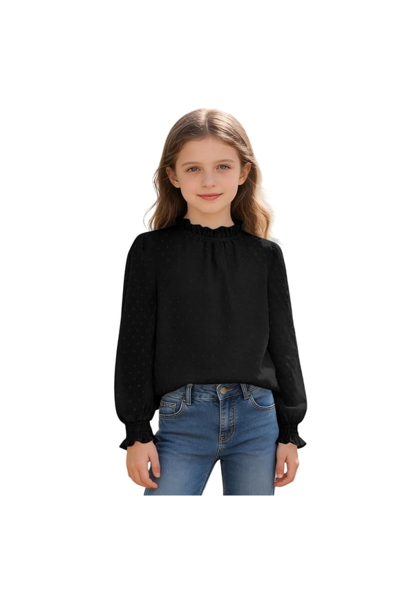 Girls Swiss Dot Blouse Long Sleeve Ruffle Mock Neck Smocked Cuffs Top Black Sizes 5-16 Years Kids Girls,Size 5-6 T