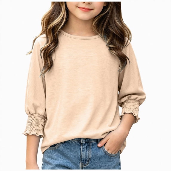 Girls T-Shirt 11-12 Years Girls Fall and Winter Long Sleeved Cotton T-Shirt Trendy Casual Tees 2T 3T 4T 5T 6T 7T 8T Children Beige