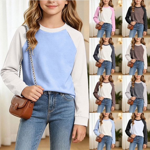 Girls T-Shirt 13-14 Years Girls Cotton Raglan Long Sleeved T-Shirt Round Neck Cotton Base Layer 2T 3T 4T 5T 6T 7T 8T Children Light Blue