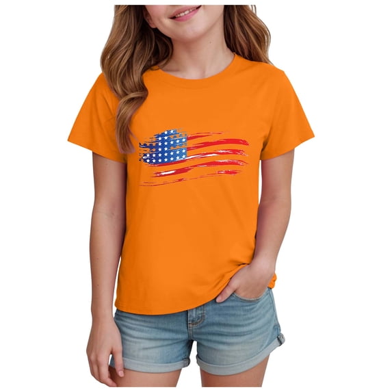 Girls T-Shirt 2-14 Years American Flag Patriotic Print 4th of July Independence Day Outfit Casual Summer Tee Modern Fashionable Versatile Soft(13-14 Years,A11-Orange)