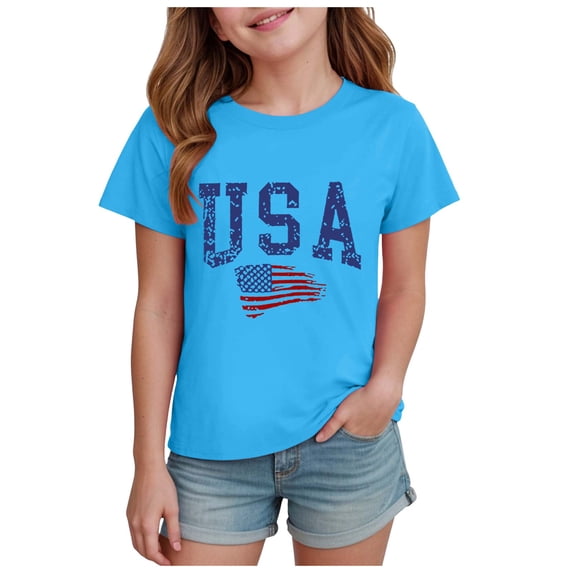 Girls T-Shirt 2-14 Years American Flag Patriotic Print 4th of July Independence Day Outfit Casual Summer Tee Versatile Lightweight Modern Classic(5-6 Years,A123-Sky Blue)
