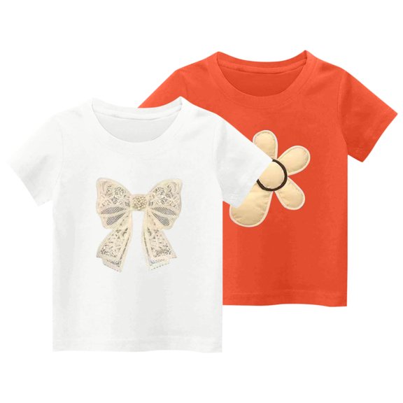 Girls' T-Shirt 2 Pack 100% Cotton Cute Tshirts Flower Bowknot Print Crewneck Short Sleeve Tees (10 Years, White)