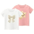 thumbnail image 1 of Girls' T-Shirt 2 Pack 100% Cotton Cute Tshirts Flower Bowknot Print Crewneck Short Sleeve Tees (4 Years, Pink), 1 of 4