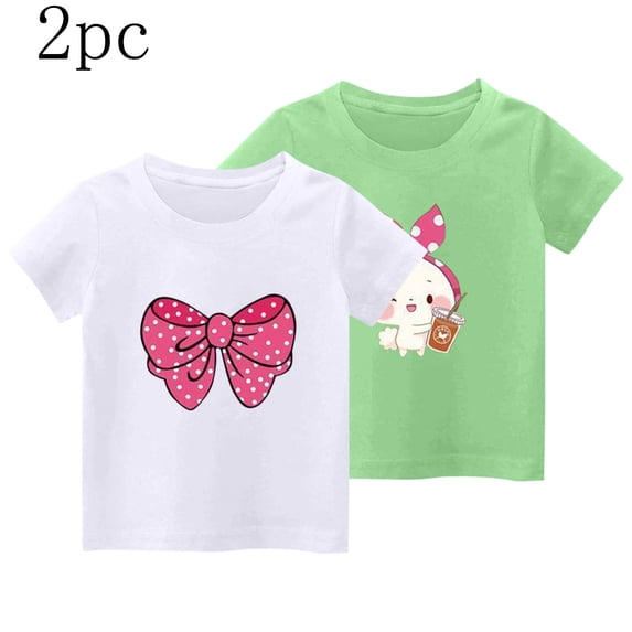 Girls' T-Shirt 2 Pack 100% Cotton Cute Tshirts Flower Bowknot Print Crewneck Short Sleeve Tees (9 Years, T-2PC)