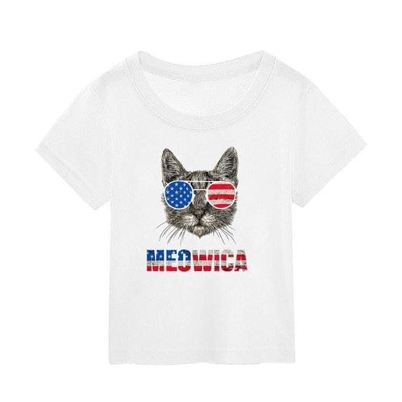 Girls T-Shirt American Flag 4th of July T-Shirt Memorial Day Patriotic Funny Graphic Tees Kids Short Sleeve Crew Neck Shirt White Size 7-8 Years
