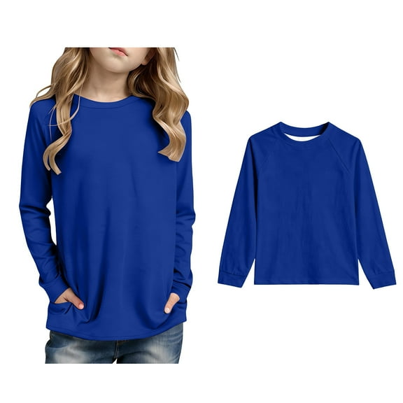 Girls T Shirt Blue Long Sleeve Tshirt with Pockets Girls Casual Crewneck Basic Tees Fall Clothes Girls Plain T Shirts 5-6 Years