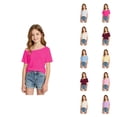 thumbnail image 1 of Girls T Shirt Boat Neck Off Shoulder Short Sleeve Summer Tees Plain Y2k Streetwear Going out Tops (7-12y), 1 of 6