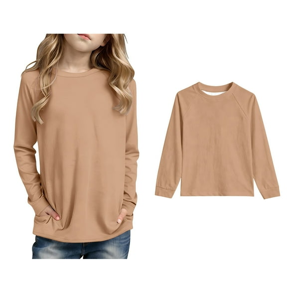 Girls T Shirt Khaki Long Sleeve Tshirt with Pocket Girls Casual Crewneck Basic Tees Fall Clothes Girls Plain T Shirts 9-10 Years